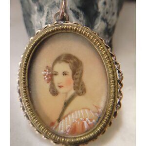 Antique Victorian Pendant 10K Yellow Gold 15 g Hand Painted Miniature Portrait